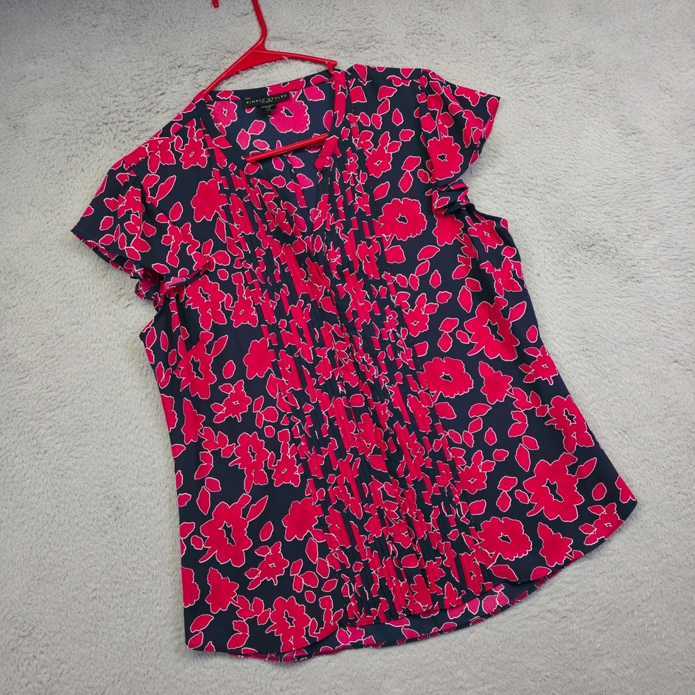 Simply Styled Top Womens L Blue Pink Pleated Flutter Sleeve Floral‎ Statement